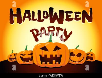 Happy Halloween zucche vacanza sotto la luna. Jack o Lanterna partito sulla notte sfondo giallo offuscato e iscrizione biglietto di auguri modello di design. Illustrazione dell'invito a fumetti vettoriali Illustrazione Vettoriale