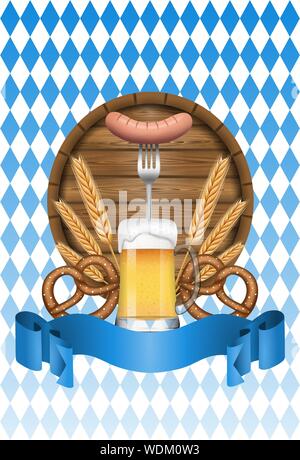 Oktoberfest celebrazione lo sfondo con il barile di legno, spighe di grano, pretzel, frankfurter e boccale di birra Illustrazione Vettoriale