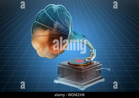 Visualizzazione 3D CAD modello del fonografo retrò, vintage gramophone, cianografia. Il rendering 3D Foto Stock