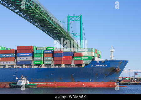 Nave portacontainer LT Cortesia, sotto il ponte Vincent Thomas, che lascia il porto di Los Angeles. Foto Stock