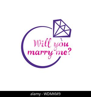 "Ti sposerà me?' caratteri tipografici. Proposta di matrimonio preventivo stilizzato con anello di fidanzamento con diamante. Il matrimonio e la famiglia, l'amore, giovane. Illustrazione Vettoriale