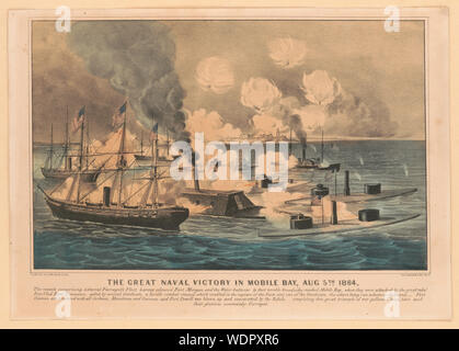 Grande vittoria navale nella Baia di Mobile, 5 agosto 1864 Abstract: stampa mostra la battaglia tra Unione Europea monitora e sloops contro navi Confederate e ram CSS Tennessee nella Baia di Mobile con il Fort Morgan nella distanza. Foto Stock