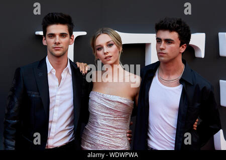 Madrid, Spagna. Il 29 agosto, 2019. Alvaro Rico, estere Exposito e Itzan Escamilla frequentare l'ELITE premiere a Callao luci della città di Madrid. Credito: SOPA Immagini limitata/Alamy Live News Foto Stock