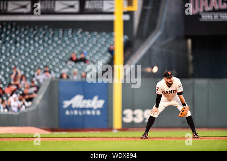 San Francisco, California, Stati Uniti d'America. Il 29 agosto, 2019. Agosto 29, 2019: i posti vuoti sono visibili dietro a San Francisco Giants terzo baseman Evan Longoria (10) durante la MLB gioco tra il San Diego Padres e i San Francisco Giants presso Oracle Park di San Francisco, California. Chris Brown/CSM Credito: Cal Sport Media/Alamy Live News Foto Stock