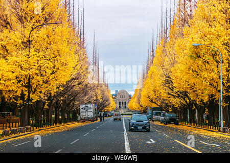 Dic 5, 2018 Tokyo, Giappone - Tokyo ricco giallo ginkgo tree lungo entrambi i lati della Jingu gaien avanue in autunno con le automobili e Meiji Memorial Galleria di immagini Foto Stock
