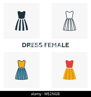 Abito icona femminile set. Quattro elementi in diversi stili da capi di abbigliamento raccolta di icone. Abito Creative icone femmina riempito, contorno, colorata e piatto Illustrazione Vettoriale