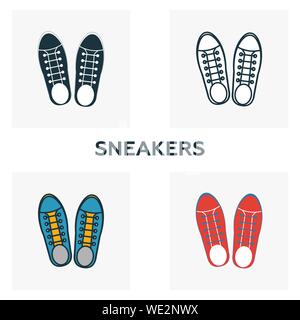 Sneakers icon set. Quattro elementi in diversi stili da capi di abbigliamento raccolta di icone. Creative sneakers icone riempito, del contorno colorato e simboli di Piana Illustrazione Vettoriale