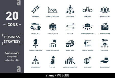 Strategia di Business icon set. Contengono piatto riempito la visione aziendale, business value, strategia di marca, condizioni di business, strategia competitiva sul mercato, Foto Stock