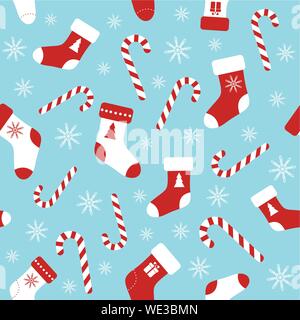 Vettore di Natale seamless pattern blu con candy canes, calze di Natale e i fiocchi di neve. Sfondo per avvolgere carta, tessuto, stampa di biglietti di auguri d Illustrazione Vettoriale