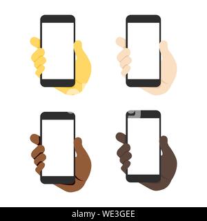 Set di diverso colore mano azienda smartphone vettore illustrazione Illustrazione Vettoriale