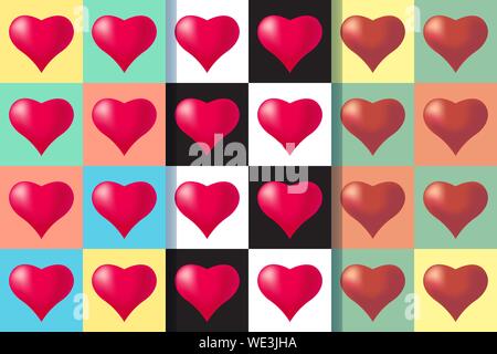 Set di tre modelli di seamless con cuori, illustrazione colorata. Il giorno di San Valentino vacanze tipografia. EPS vettoriali10. Illustrazione Vettoriale