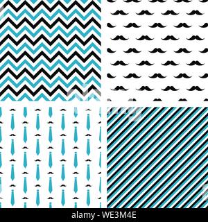 Set di vector seamless pattern maschio. La carta di avvolgimento, sfondo, fashion design stampa. Mustaches, cravatte, chevron Illustrazione Vettoriale