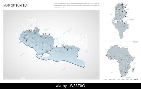 Set di vettore del paese Tunisia. Vista isometrica mappa in 3d, la Tunisia mappa Mappa Africa - con regione, stato nomi e nomi di città. Illustrazione Vettoriale