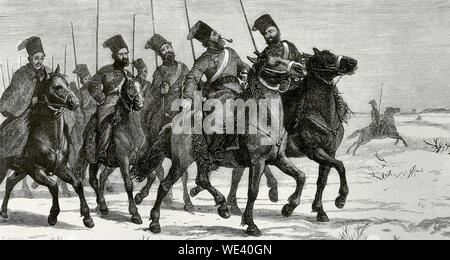 La questione orientale. Guerre Serbian-Turkish (1876-1878). La Serbia ha dichiarato guerra all'Impero Ottomano il 30 giugno 1876. Distacco dei cosacchi russi marciando verso il fiume Prut linea e Bessarabia regione. I Cosacchi erano soldati di cavalleria di luce le truppe dell'esercito russo. Incisione. La Ilustracion Española y Americana, Dicembre 15, 1876. Foto Stock