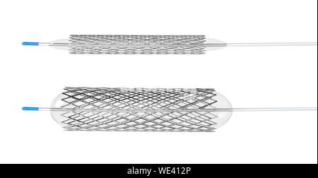 3D rendering stent per angioplastica con palloncino isolato su bianco Foto Stock