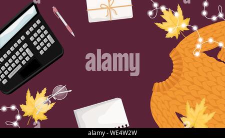 Autunno laici piatta con il maglione, dono, laptop, luci, notebook e foglie di autunno. Appartamento illustrazione vettoriale. Posto per il testo Illustrazione Vettoriale