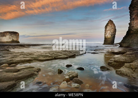 Flamborough Head che mostra il gesso stack del mare e le scogliere che si affaccia sul Mare del Nord, Selwicks Bay, East Yorkshire, Regno Unito Foto Stock