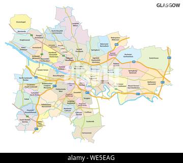 Mappa della città scozzese di Glasgow con strade e tutti i quartieri della città Illustrazione Vettoriale