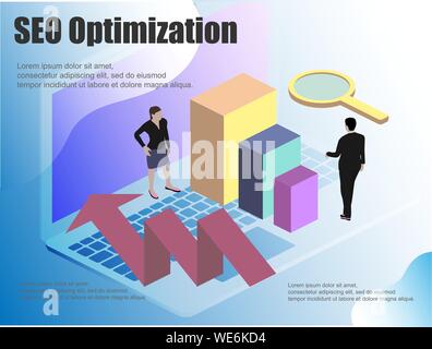 Piatto con illustrazione isometrica a. Il monitor di un computer icona illustrazione vettoriale. Il concetto di business seo illustrazione vettoriale. Isometrica vettore di persone Illustrazione Vettoriale