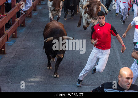 San Sebastian de los Reyes, Madrid, Spagna. Il 30 agosto, 2019. Le persone che eseguono inseguito da tori durante il quarto giorno della corsa dei tori ("encierros') nel comune di San Sebastian de los Reyes, vicino Madrid, noto anche come "Pamplona Chica' (piccola Pamplona). Credito: Marcos del Mazo/Alamy Live News Foto Stock