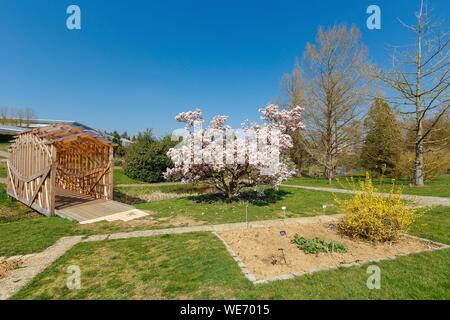 Francia, Meurthe et Moselle, VILLERS LES NANCY, Sainte Valerie la cappella e il Alpinum in Jean Marie Pelt giardino botanico che si affaccia sulla città di Nancy Foto Stock