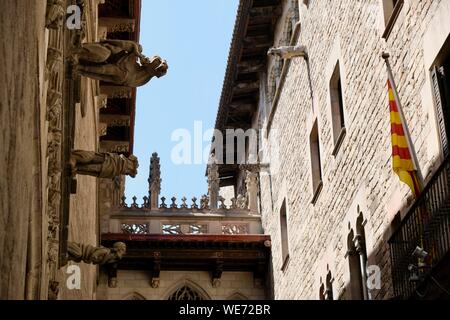 In Spagna, in Catalogna, Barcellona, quartiere Barrio Gotico, Pont del Bisbe, neogotica di ponte su Carrer Bisbe Foto Stock