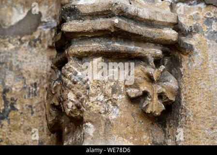 Francia, Doubs, Mouthier Haute Pierre, Saint Laurent chiesa datata XV secolo, portale, archi, colonna, scultura, foglie di uva e il grappolo di uva Foto Stock