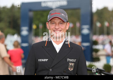 Il 30 agosto 2019, Bassa Sassonia, Luhmühlen: sport equestri, eventing, Campionati Europei: il tedesco eventing rider Michael Jung fu ammesso dopo il suo concorso dressage. Foto: Friso Gentsch/dpa Foto Stock