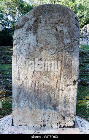 Messico, Chiapas, Yaxchilan, Maya sito archeologico, stele scolpite e Foto Stock