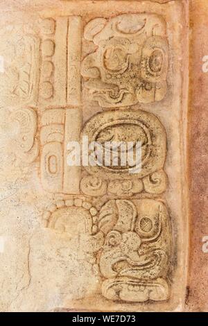 Messico, Chiapas, Yaxchilan, Maya sito archeologico, glifi scolpiti su un architrave Foto Stock