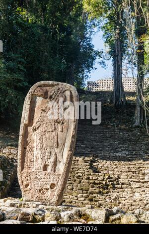 Messico, Chiapas, Yaxchilan, Maya sito archeologico, stele scolpite e e le scale che portano al grande acropoli Foto Stock