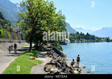 Suisse, Canton Vaud, sul Lago di Ginevra, Veytaux, a sud di Montreux, la passeggiata lungo il lago di Ginevra Foto Stock