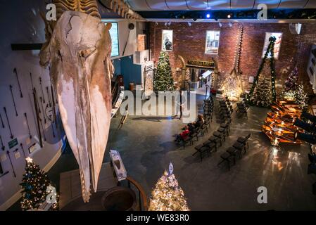 Stati Uniti, New England, Massachusetts, Nantucket Island, Nantucket, Nantucket Whaling Museum, lo scheletro di balena e presentazione di caccia alle balene Foto Stock