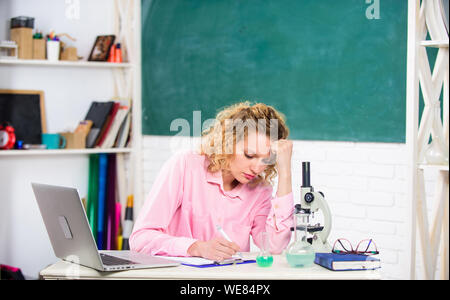 Pressione tesa nervoso. Ragazza stanco stressante espressione con laptop e microscopio inchiesta lavoro biologia e chimica. Scienziato stressante. Educatore stressante. Insegnante di professione stressante. Foto Stock