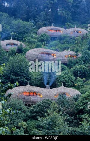 Ruanda, Parco Nazionale Vulcani, con tetto di paglia di ville di Bisote lodge del Wildreness Safaris hotel group, emergenti da una collina ricoperta di vegetazione Foto Stock