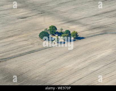 Radensdorf, Germania. 23 Ago, 2019. Una piccola cappella del cimitero circondato da alcuni alberi si erge tra ampi campi su una strada del villaggio vicino Drebkau (vista aerea da un aeroplano). Credito: Patrick Pleul/dpa-Zentralbild/ZB/dpa/Alamy Live News Foto Stock