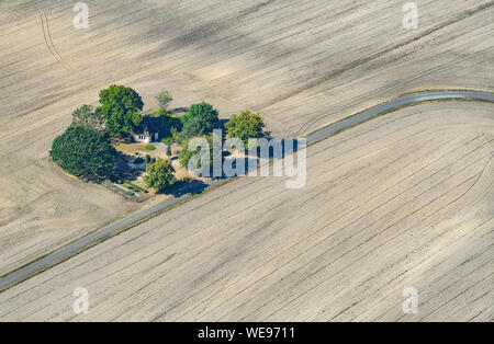 Radensdorf, Germania. 23 Ago, 2019. Una piccola cappella del cimitero circondato da alcuni alberi si erge tra ampi campi su una strada del villaggio vicino Drebkau (vista aerea da un aeroplano). Credito: Patrick Pleul/dpa-Zentralbild/ZB/dpa/Alamy Live News Foto Stock