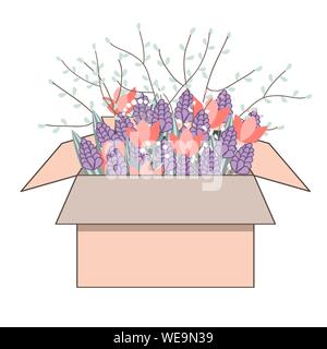 I tulipani fiori nella scatola di cartone. Bouquet di primavera doodle giacinti e tulipani, vettore illustartion Illustrazione Vettoriale