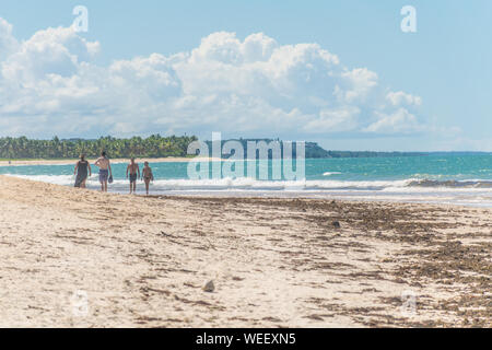 BAHIA, Brasile - 27 Giugno 2019: Panoramica di Praia dos nativos, o nativi beach, con alghe brune posa in sabbia, un mare azzurro e mou Foto Stock