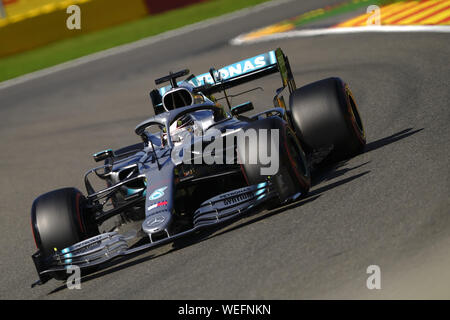 Spa Francorchamps, Belgio. Il 30 agosto, 2019. Driver Mercedes Lewis Hamilton (GBR) in azione durante la seconda sessione di prove libere della Formula Uno Gran Premio del Belgio presso il circuito di Spa Francorchamps - Belgio Credito: Pierre Stevenin/ZUMA filo/Alamy Live News Foto Stock