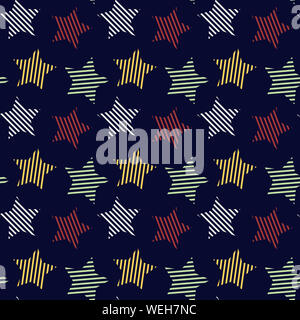 Progettazione di festa colorata in verde,giallo,bianco,rosso a stelle e strisce seamless pattern su sfondo blu scuro Foto Stock
