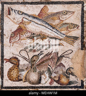 Muro Romano mosaico da Pompei raffiguranti pesci e anatre, ora a Napoli Museo Archeologico. Napoli, Italia Foto Stock