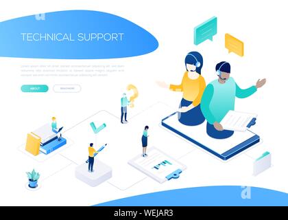 Supporto tecnico - moderno vettore isometrica banner web su sfondo bianco con copia spazio per il testo. Maschio, femmina operatori call center in auricolari su Illustrazione Vettoriale