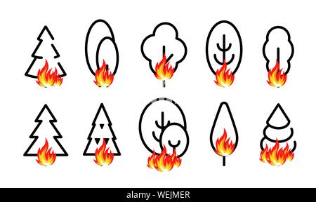 Set di alberi icona con il fuoco, arrestare il falò nella foresta delle icone. Linea stile semplice per una infografica, logo design template, illustrazione vettoriale. Illustrazione Vettoriale