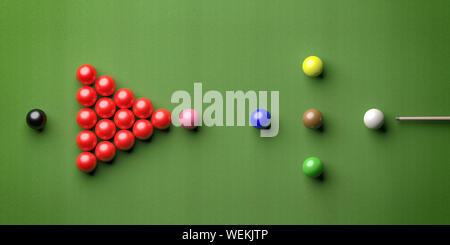 Snooker tavolo da biliardo, piscina set di sfere in una forma triangolare sul feltro verde, vista dall'alto. 3d illustrazione Foto Stock