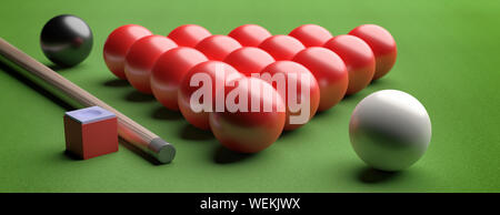 Snooker tavolo da biliardo, piscina set di sfere in una forma triangolare sul feltro verde, vista ingrandita, banner. 3d illustrazione Foto Stock