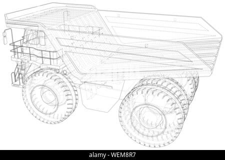 Ribaltabile filo-linea del telaio autocarro con pianale di scarico isolato su bianco. Vettore di rendering 3d. Illustrazione Vettoriale