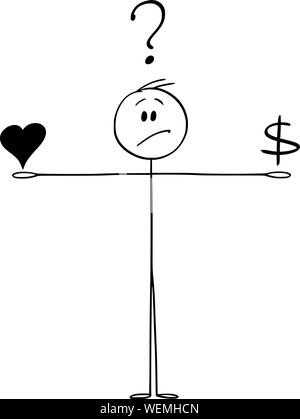 Vector cartoon stick figura disegno illustrazione concettuale dell'uomo equilibratura di amore e di denaro e prendendo in considerazione. Focolare e simboli di dollaro sulla scala. Illustrazione Vettoriale