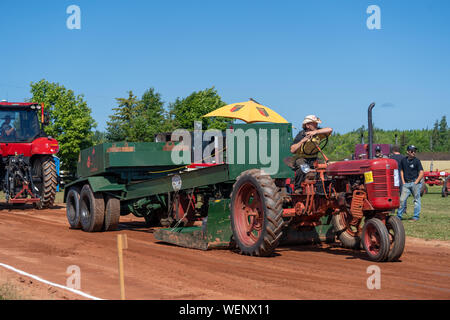 Dundas, Prince Edward Island / Canada - Agosto 25, 2019: i concorrenti con i loro trattori tira una slitta di ponderata nel trattore annuale tirare competito Foto Stock