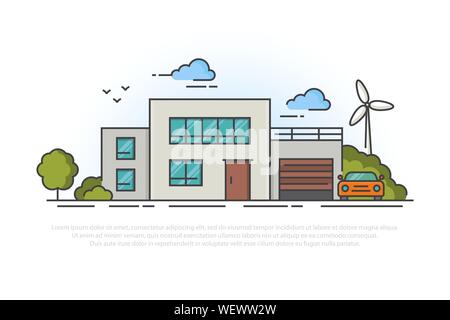 Casa moderna. Immobiliare di concetto. Illustrazione Vettoriale in pieno stile contorno. Illustrazione Vettoriale